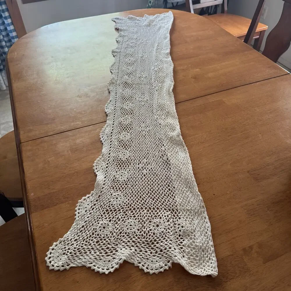 Pair Crochet Cotton Valances 10x56 Scallops Medallions Cottage Country Farmhouse